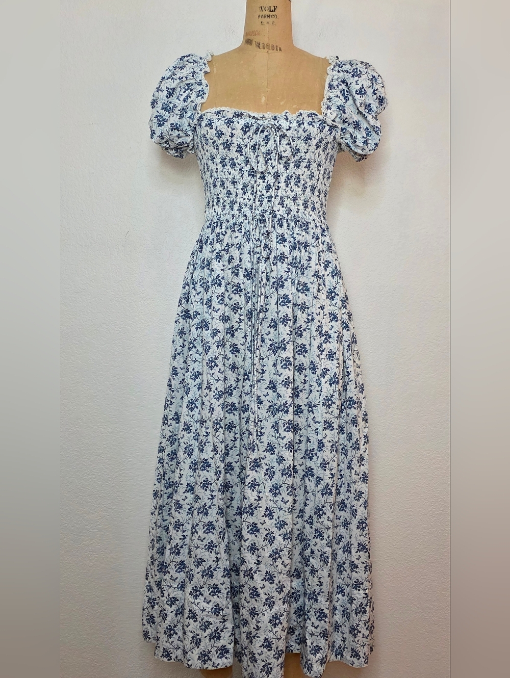 Doen Blue Floral Stanza Puff Sleeve Cotton Midi Dress - Picture 10 of 14